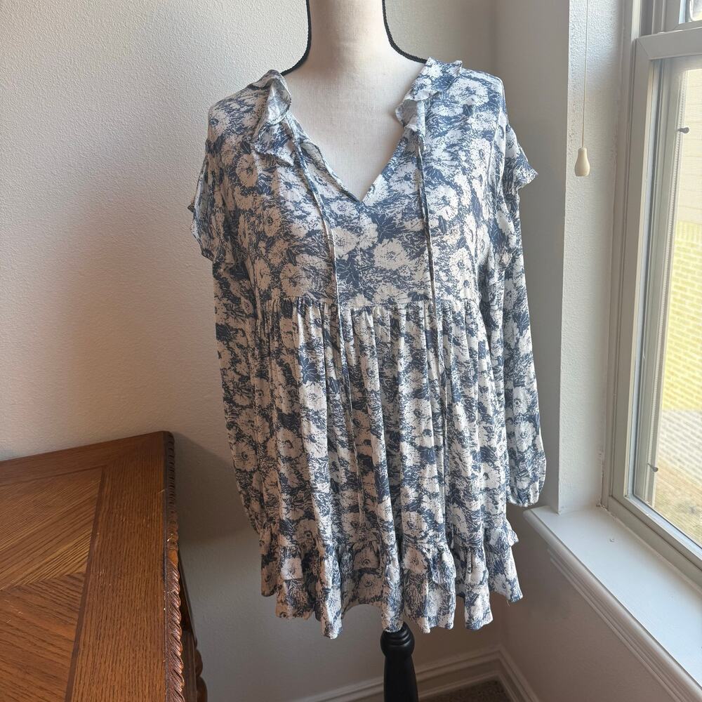 Rachel Zoe Blue White Floral Ruffled Tunic Mini Dress Womens Small EUC